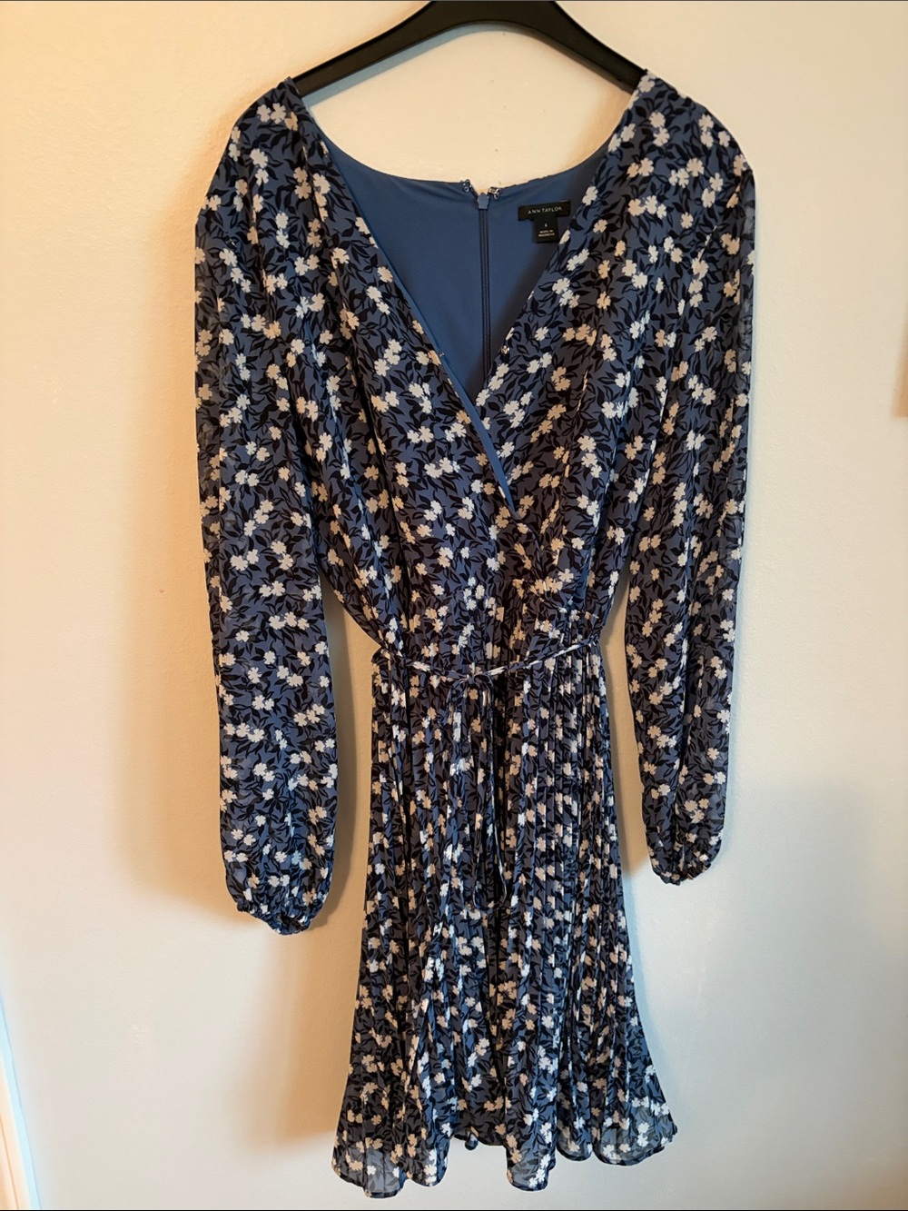 Ann Taylor Navy Floral Long-Sleeve Wrap Dress